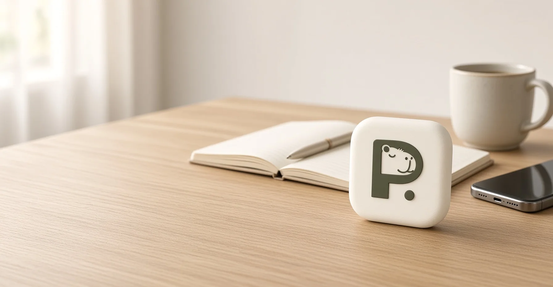 A Pause Device standing on a light oak desk beside an open notebook, a coffee cup and a phone lying face down.