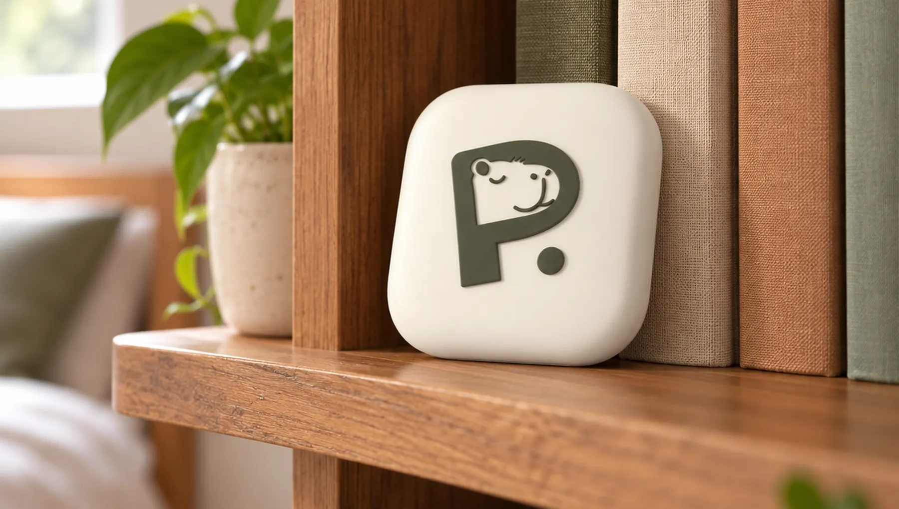 A Pause Device standing on a bookshelf.