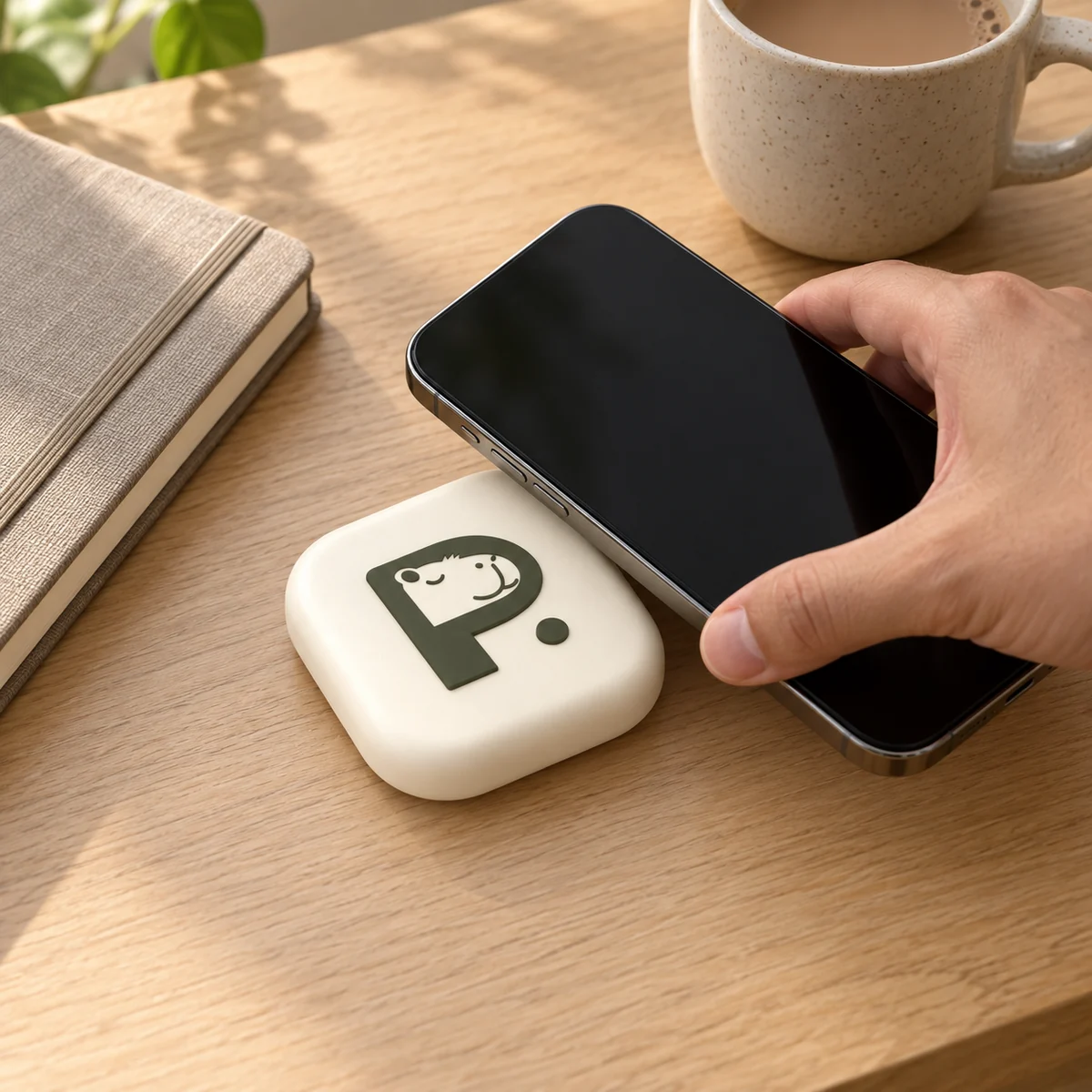 A hand tapping a phone on the Pause Device on a desk.