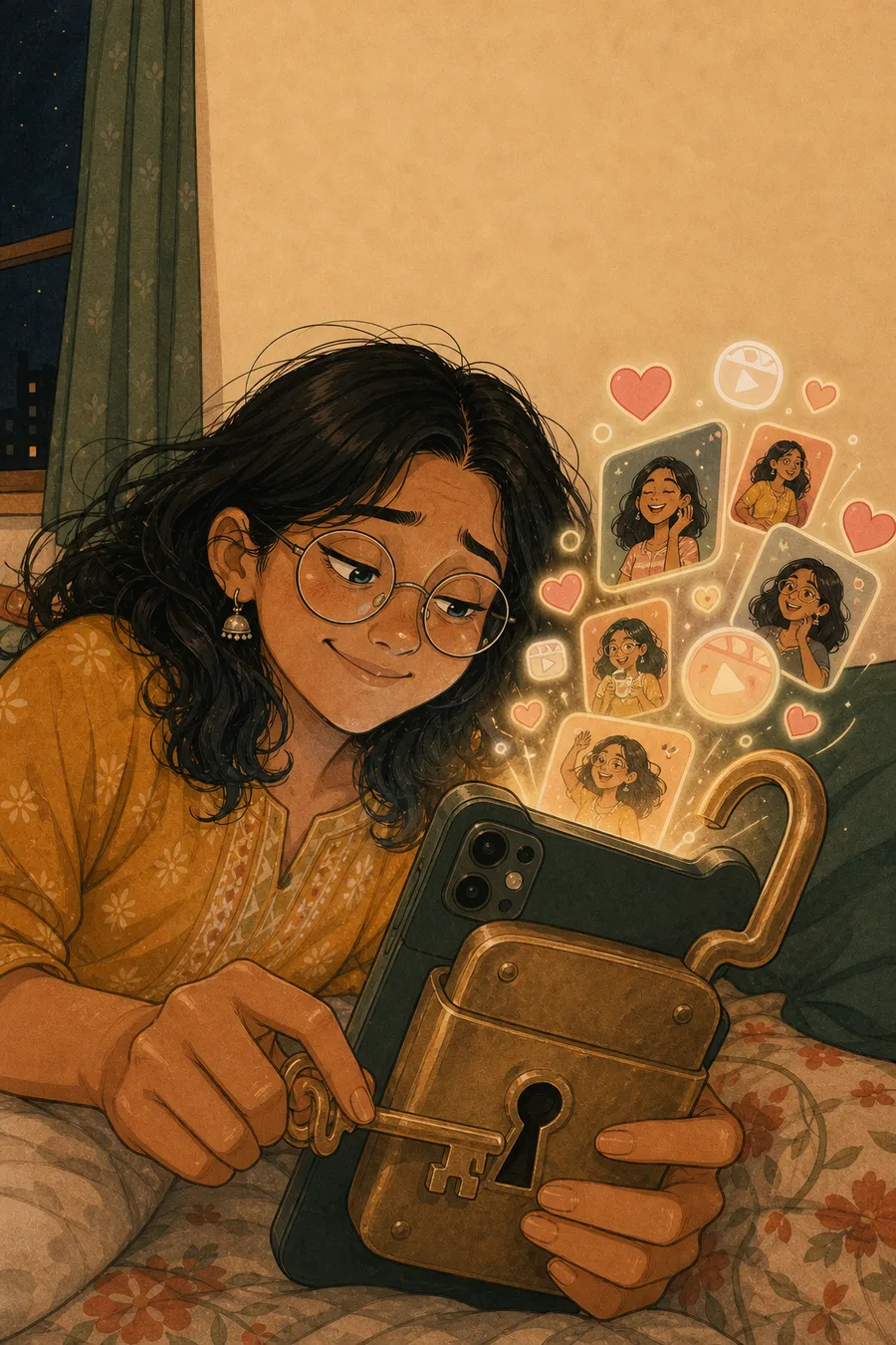 Riya turns the key in the padlock on her own phone, and reels burst out.