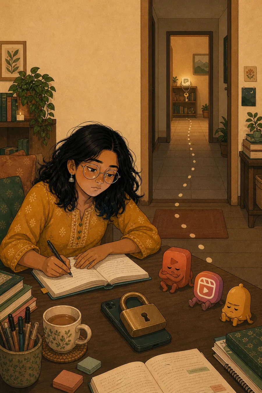 Riya studies with her phone padlocked on the desk. Far away in another room, Pauzie hangs with the key on a shelf.